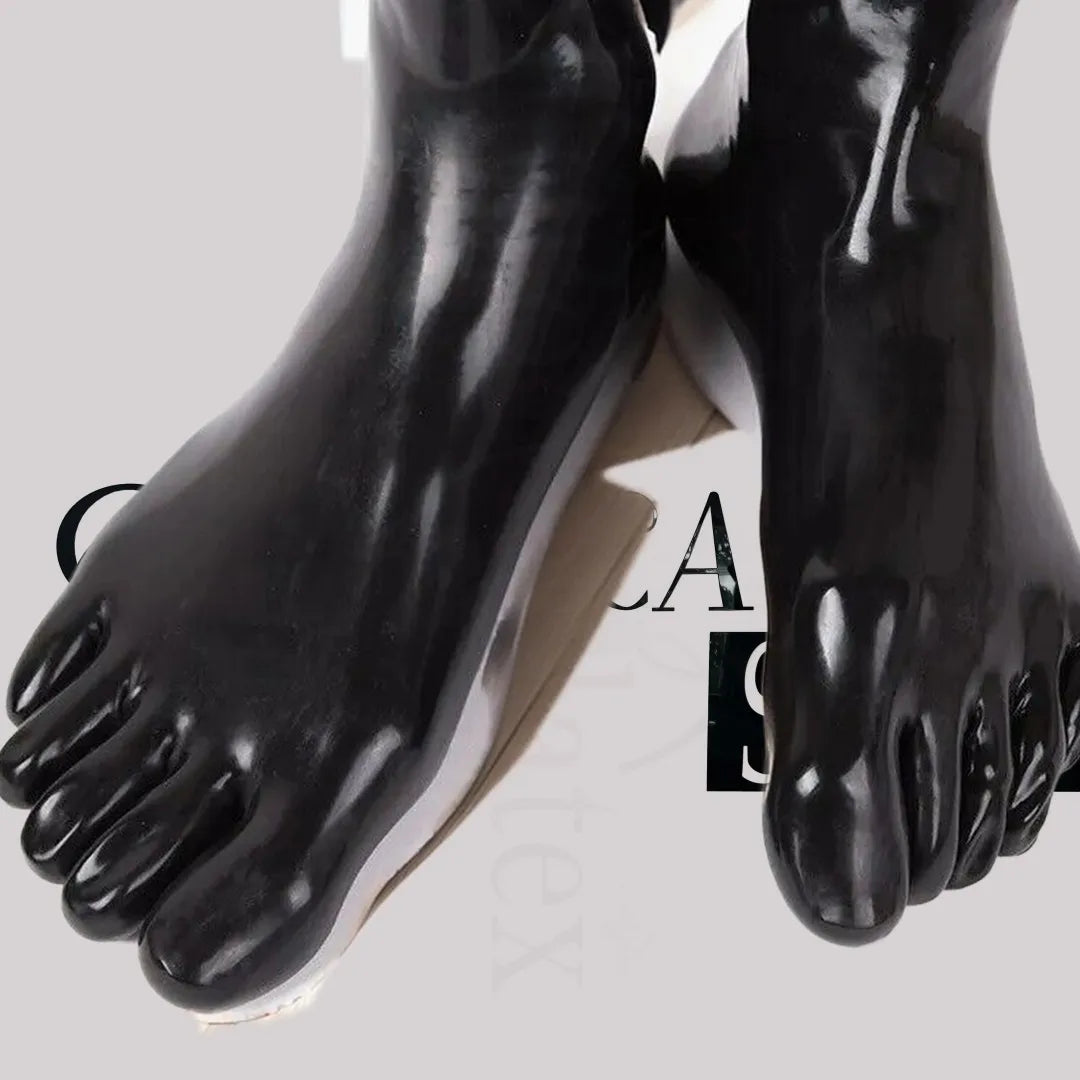 Close-up of toe section, strappy black latex foot socks, flirty cutebaddie aesthetic