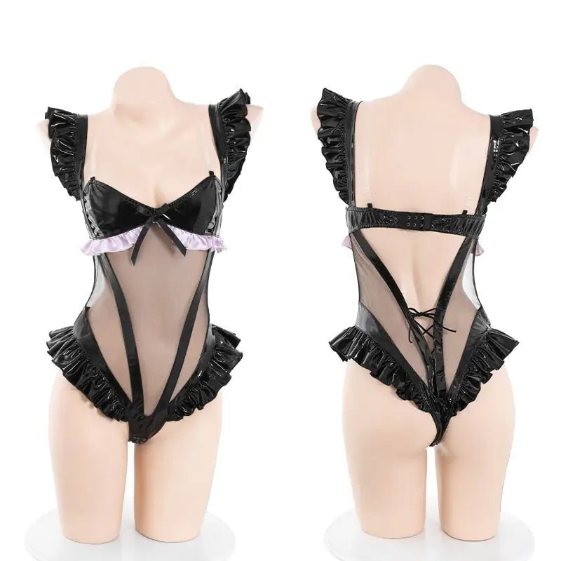 Dominant look of Black Latex Kitten Bodysuit Set with glossy latex finish, hollow cutout, collar, cuffs, and kitten ears β playful DDLG cosplay outfit