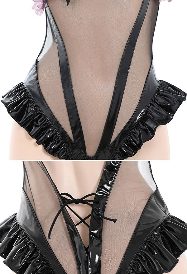 Detail of ruffled hip sides on Black Latex Kitten Bodysuit Set, playful kitten cosplay accessory design