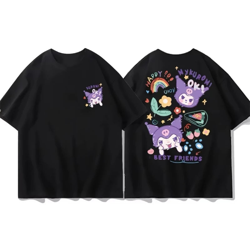 Black tee featuring Happy Nykuromi best friends graphic in cute pastel kawaii style