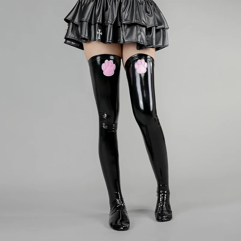 glossy black latex paws stockings with pink paw design for kawaii DDLG ABDL petplay and cosplay
