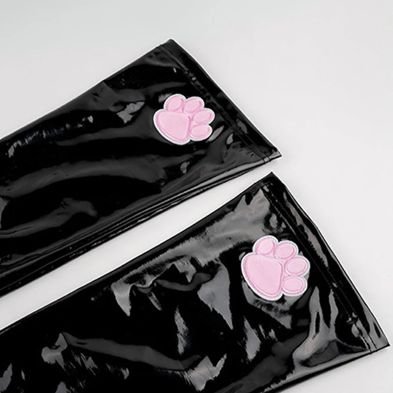 sleek black latex stockings with pink paw accents for kawaii little, ABDL, and DDLG style looks