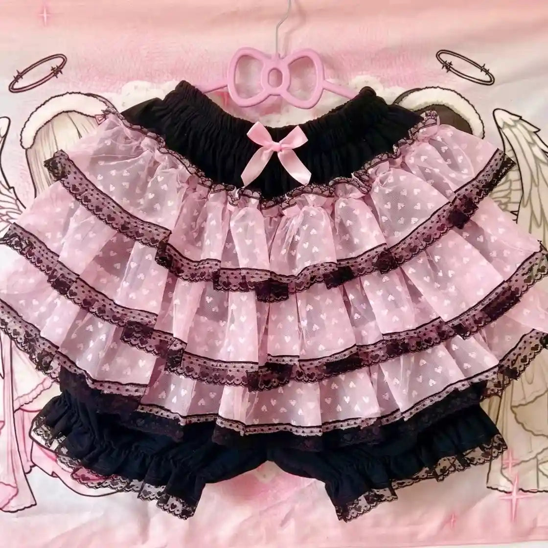 Princess Puff Ruffle Mini Skirt in black and pink puff ruffles for edgy kawaii looks