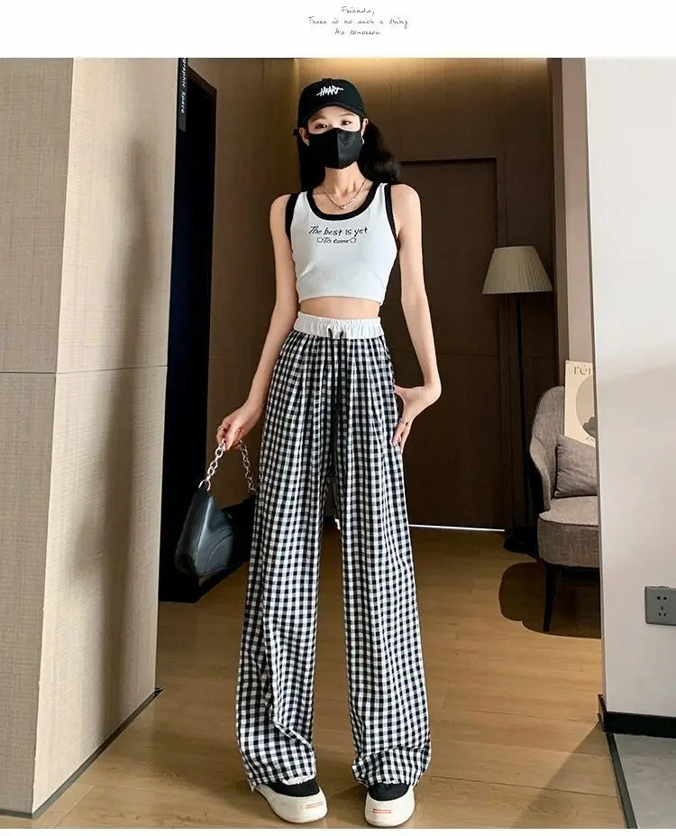 Black plaid loose wide-leg pants for cozy ddlg and abdl soft girl aesthetics