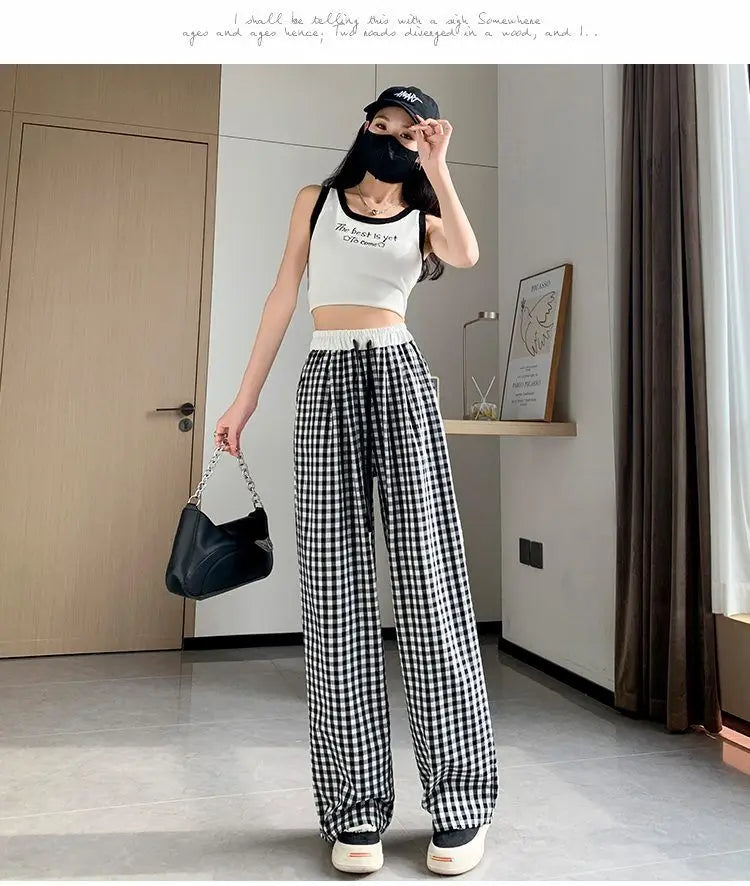 High-waisted black plaid pants with relaxed fit perfect for ddlg kawaii soft baddie style