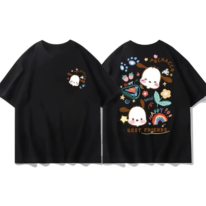 Black Pochacco Happy Best Friends tee with pastel accents and adorable friendship design