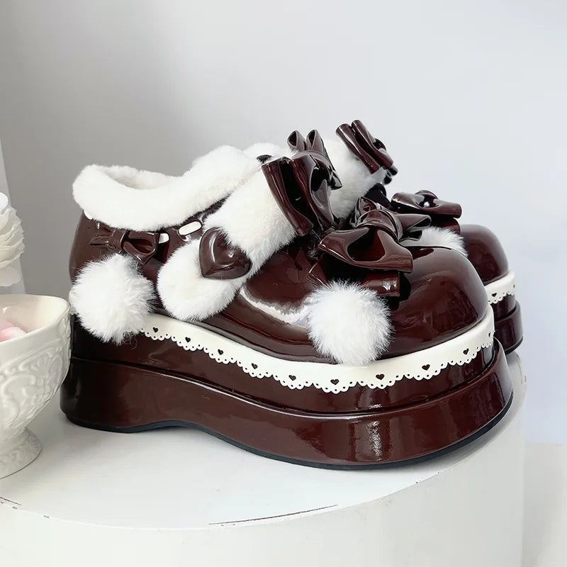Black Pom Pom Angel Baby Platform Shoes with cozy buckle trim and playful pom poms, perfect for soft babycore looks