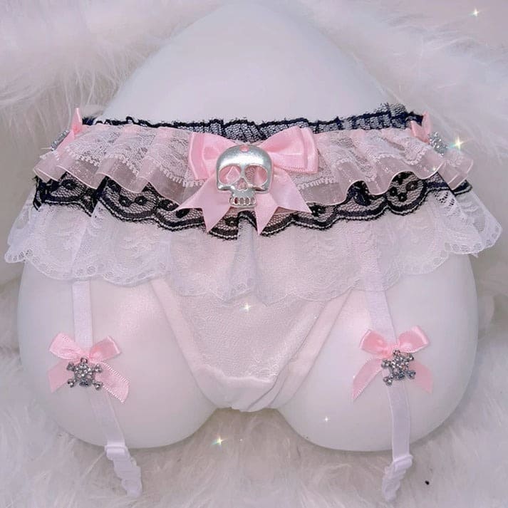 Dead Cute Skull Thong Set with flirty straps, Lolita lace, and soft stretch fit for DDLG or Y2K looks