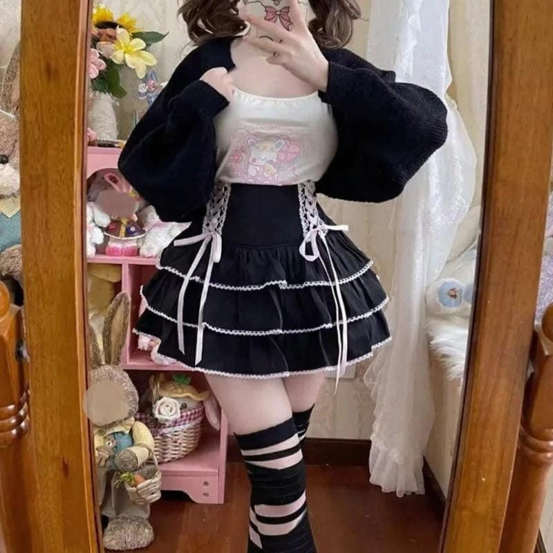 Black Fairycore Lolita High Waist Ribbon Skirt with white lace accents for ddlg kawaii outfits