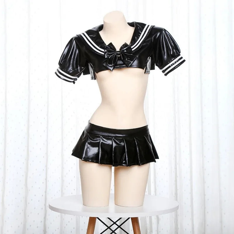 Black white latex crop top and micro skirt set bold naughty DDLG cosplay look