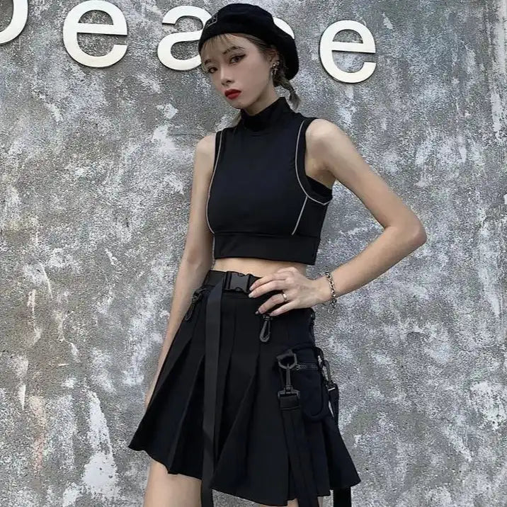 Blacklist Mini Skirt, black buckle skirt with functional pocket, perfect for alt and kawaii style