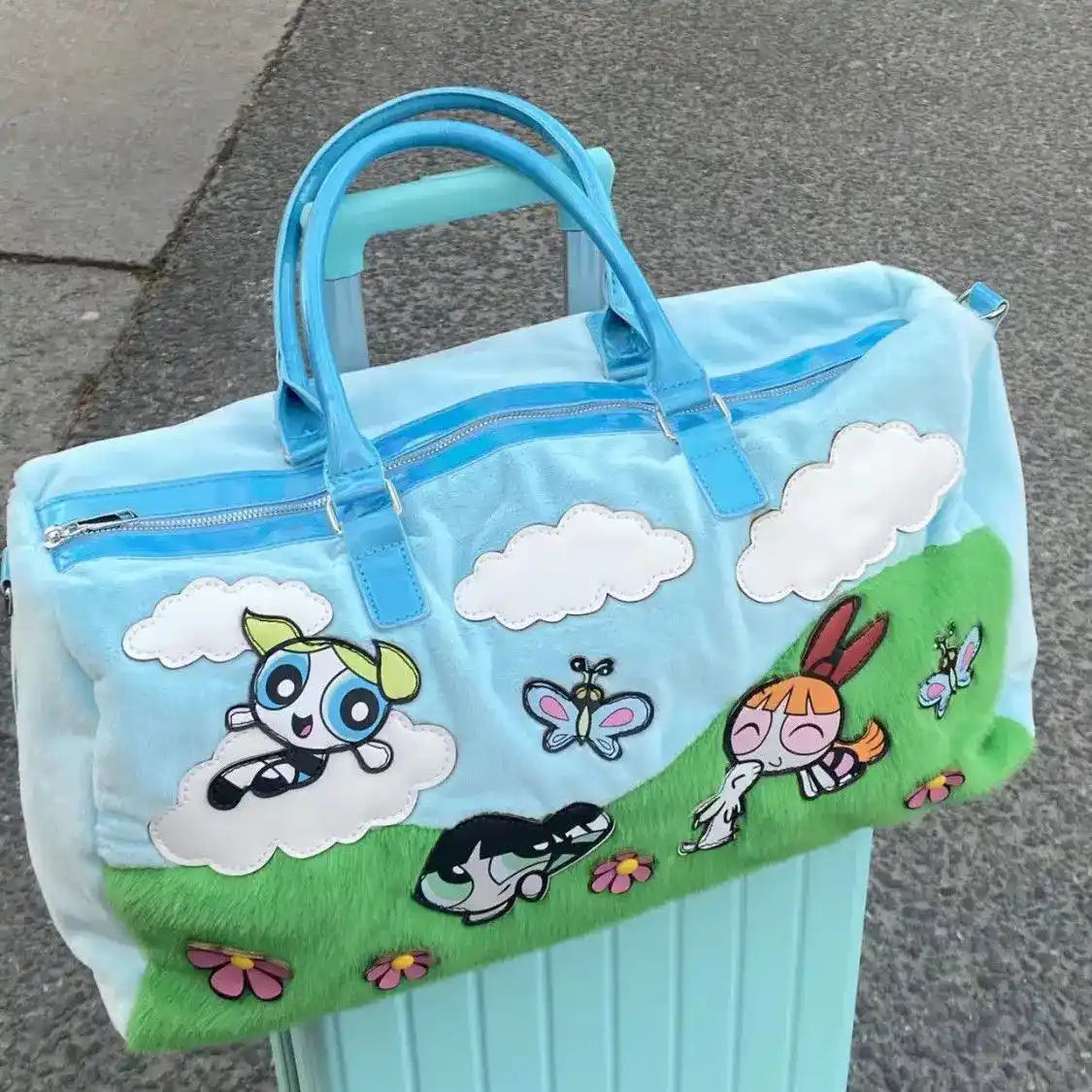 Blue Dream Team Girlcore plush bag styled with a kawaii outfit, ideal for ABDL, DDLG, and pastelcore looks