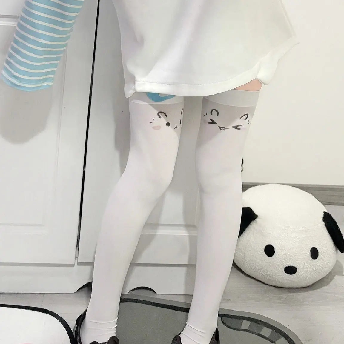 High-quality durable kawaii stockings with pouty and uwu face prints for cosplay, DDLG, and ABDL enthusiasts.