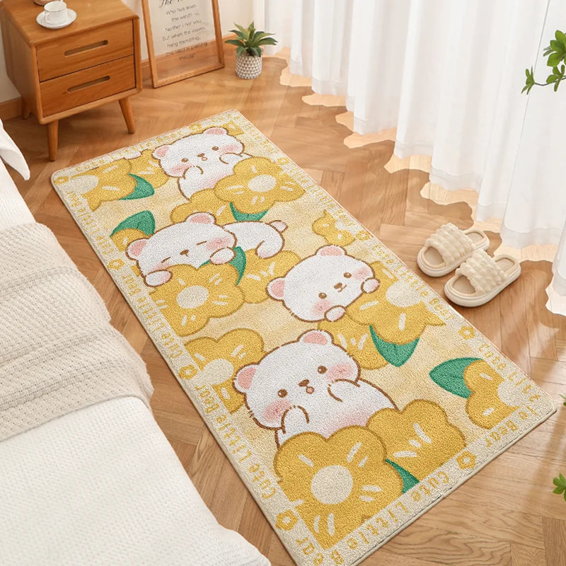 Cute white teddy bear design with pink blush and yellow flowers on pastel rug for DDLG and ABDL aesthetic