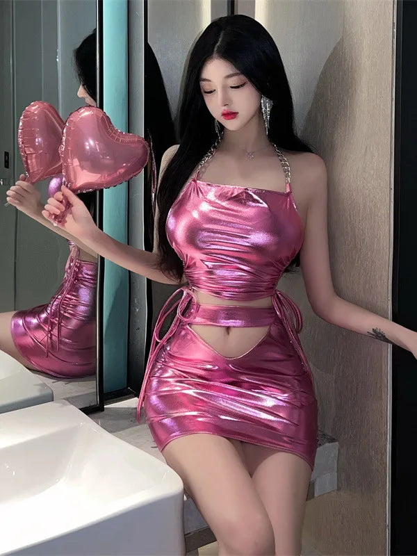 Close-up of pink chrome metallic fabric, shiny, sexy, flirty, kawaii vibes