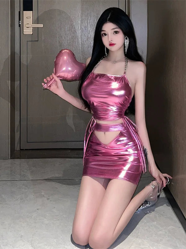Styled with other pieces, showing versatility of Born For This Pink Chrome Set, playful and bold