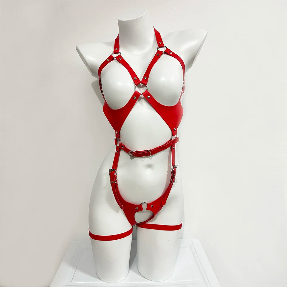 Red faux leather harness set with tights and garters for dom/sub roleplay