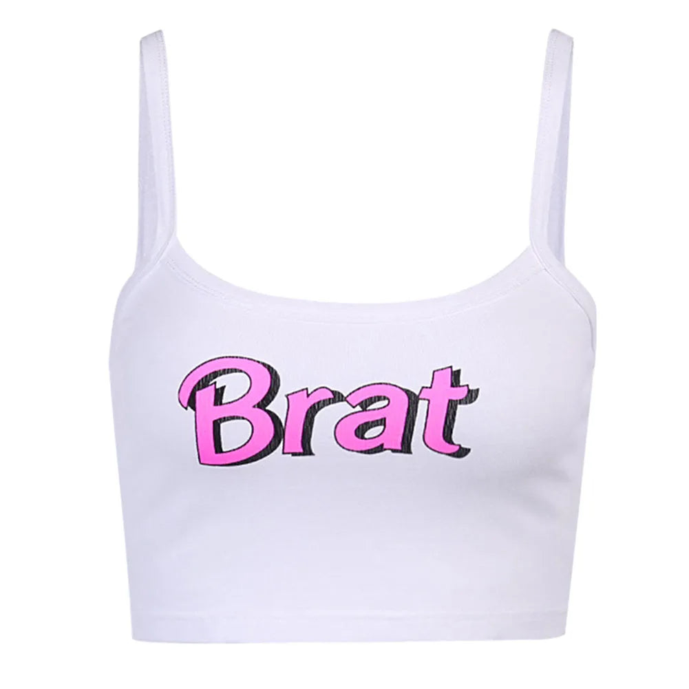 Edgy pink and white brat crop top with soft, stretchy feel, ideal for bold, confident outfits