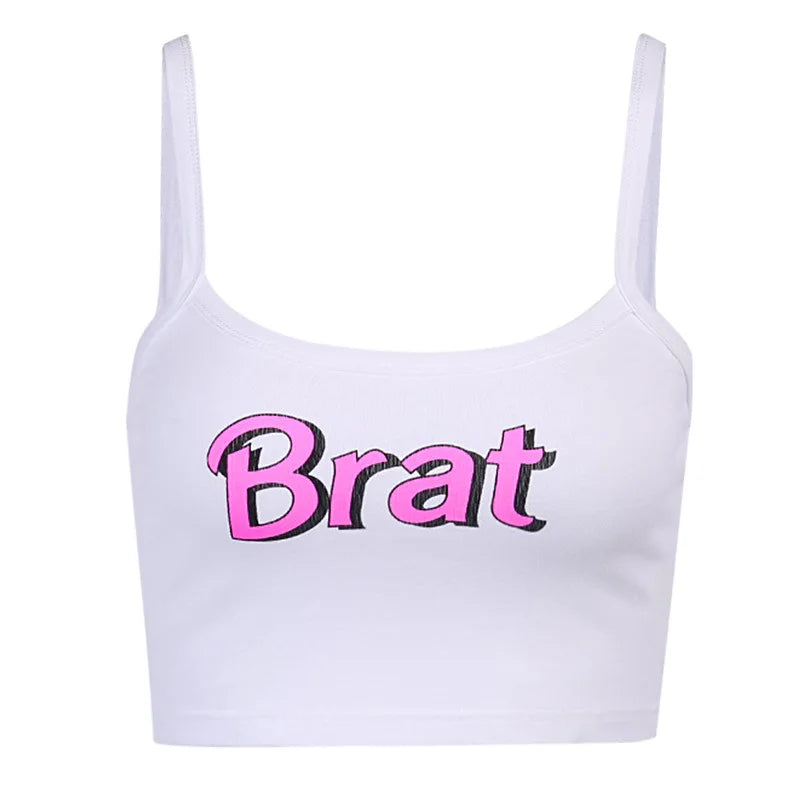 White and pink crop top with stretchy fabric, bold brat aesthetic, perfect for cosplay or casual outfits