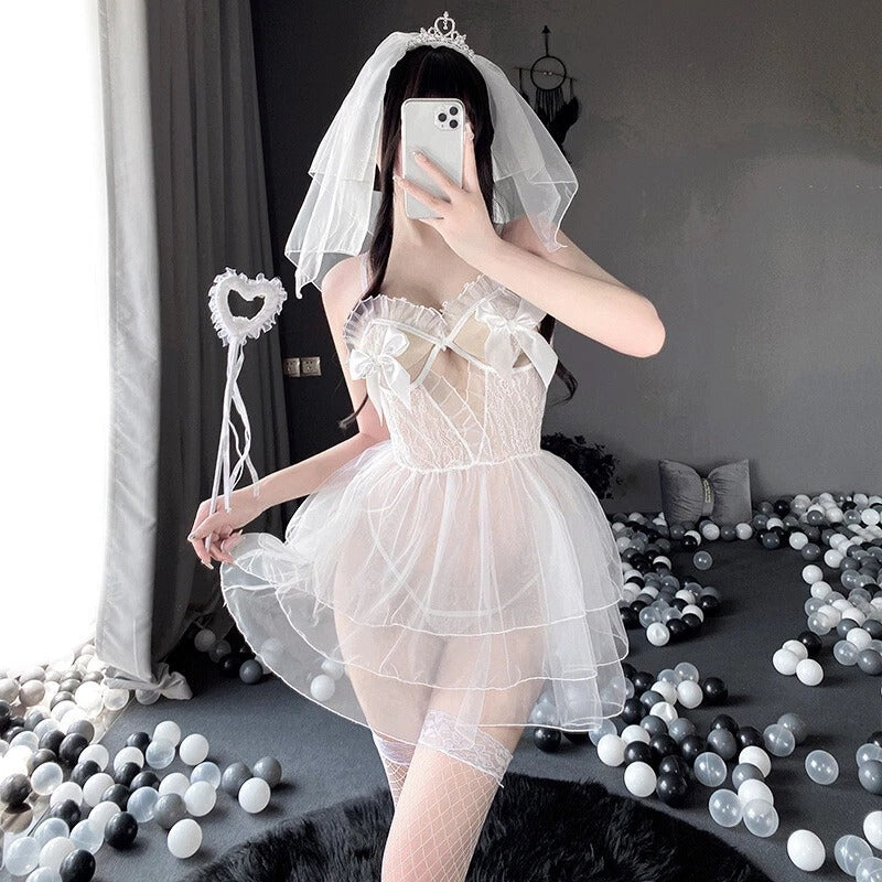 Bridal babydoll cosplay set with sheer dress, veil, and thigh-high stockings, cutecore aesthetic