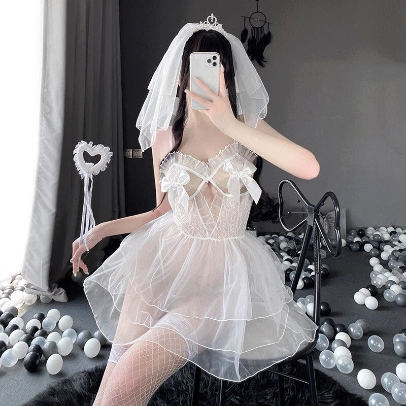 Bride of the Night babydoll set with veil, thong, and stockings for kawaii bridal cosplay