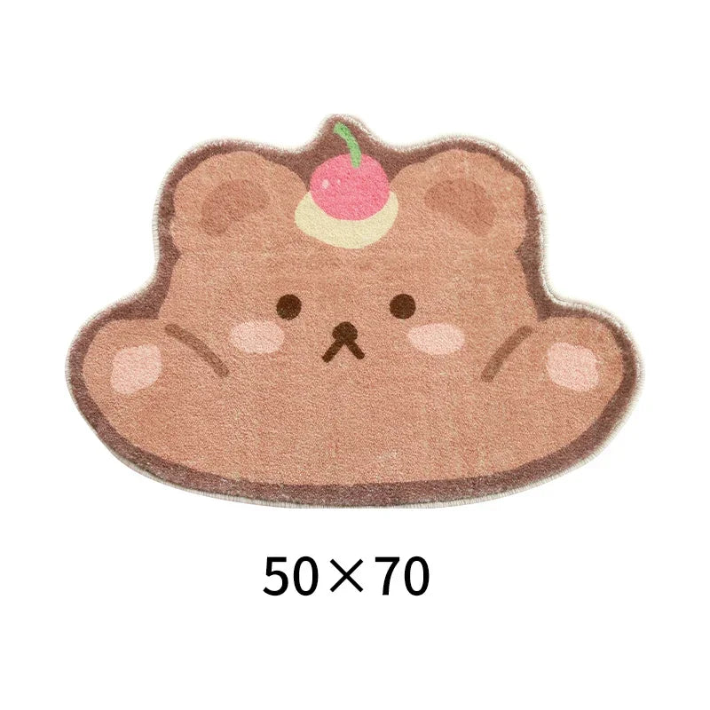 Brown teddy bear with cherry on head, kawaii pastel rug design for cute room vibes
