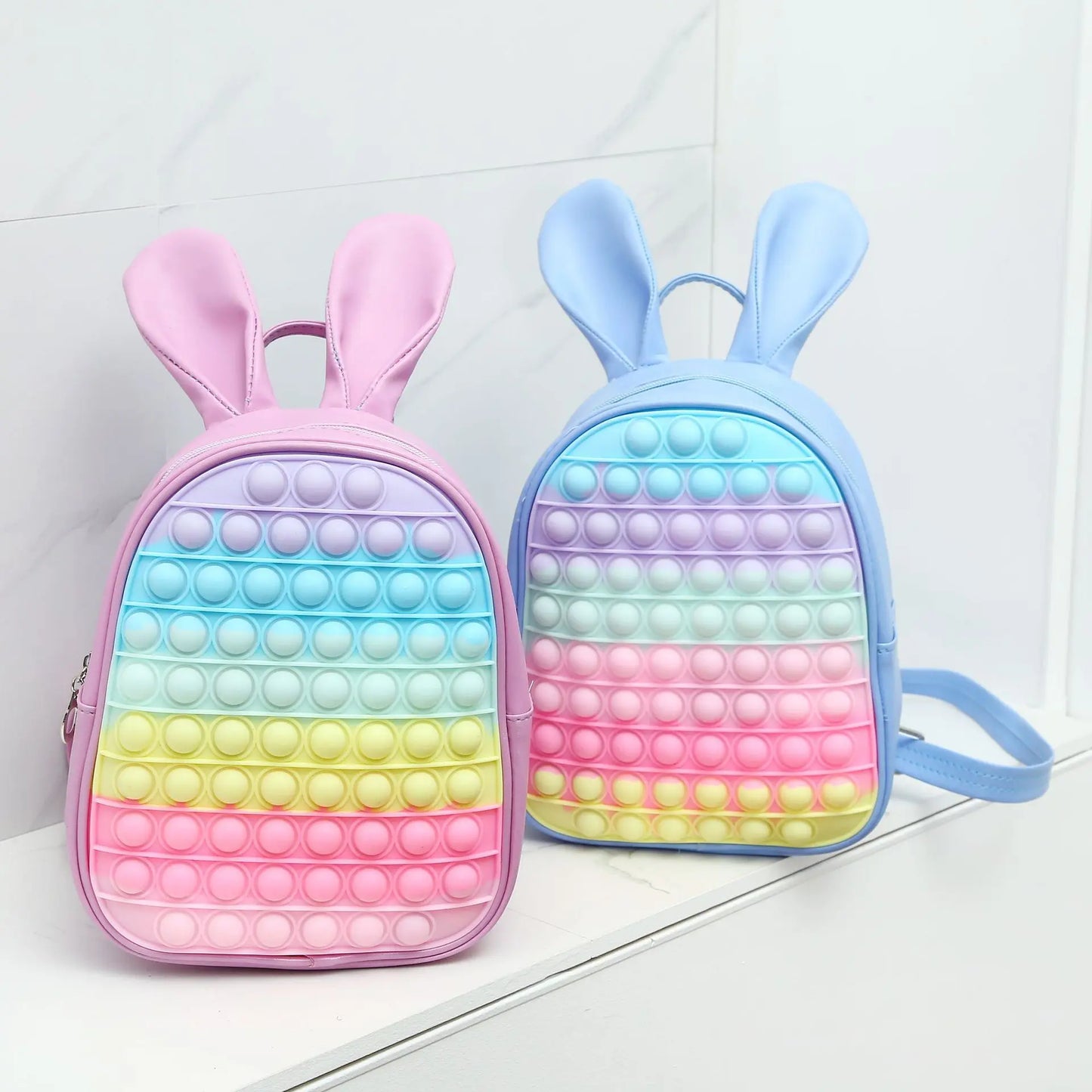 Bubble Pop Bunny Backpack in pastel blue and pink, ABDL littlespace kawaii fidget bag