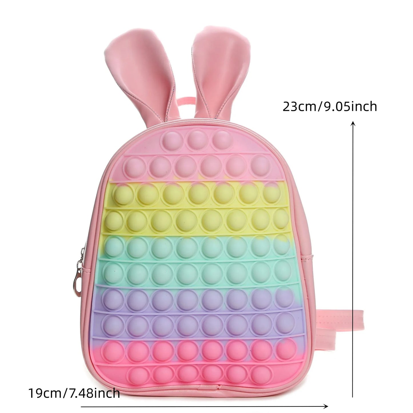 Bubble Pop Bunny Backpack pink with measurement chart, pastel DDLG kawaii fidget accessory