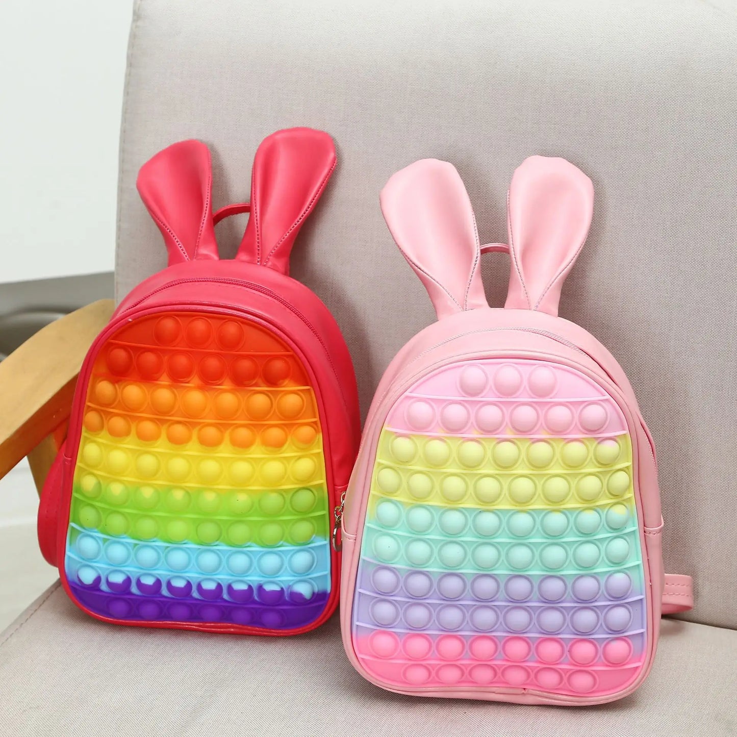 Bubble Pop Bunny Backpack in vibrant red and soft pink, kawaii girly DDLG pop bag