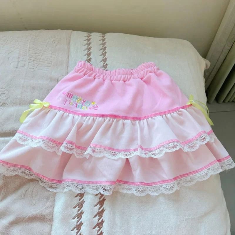 Bubblegum Bliss Skirt with lace detail and bows, made for kawaii outfits and sweet aesthetic looks