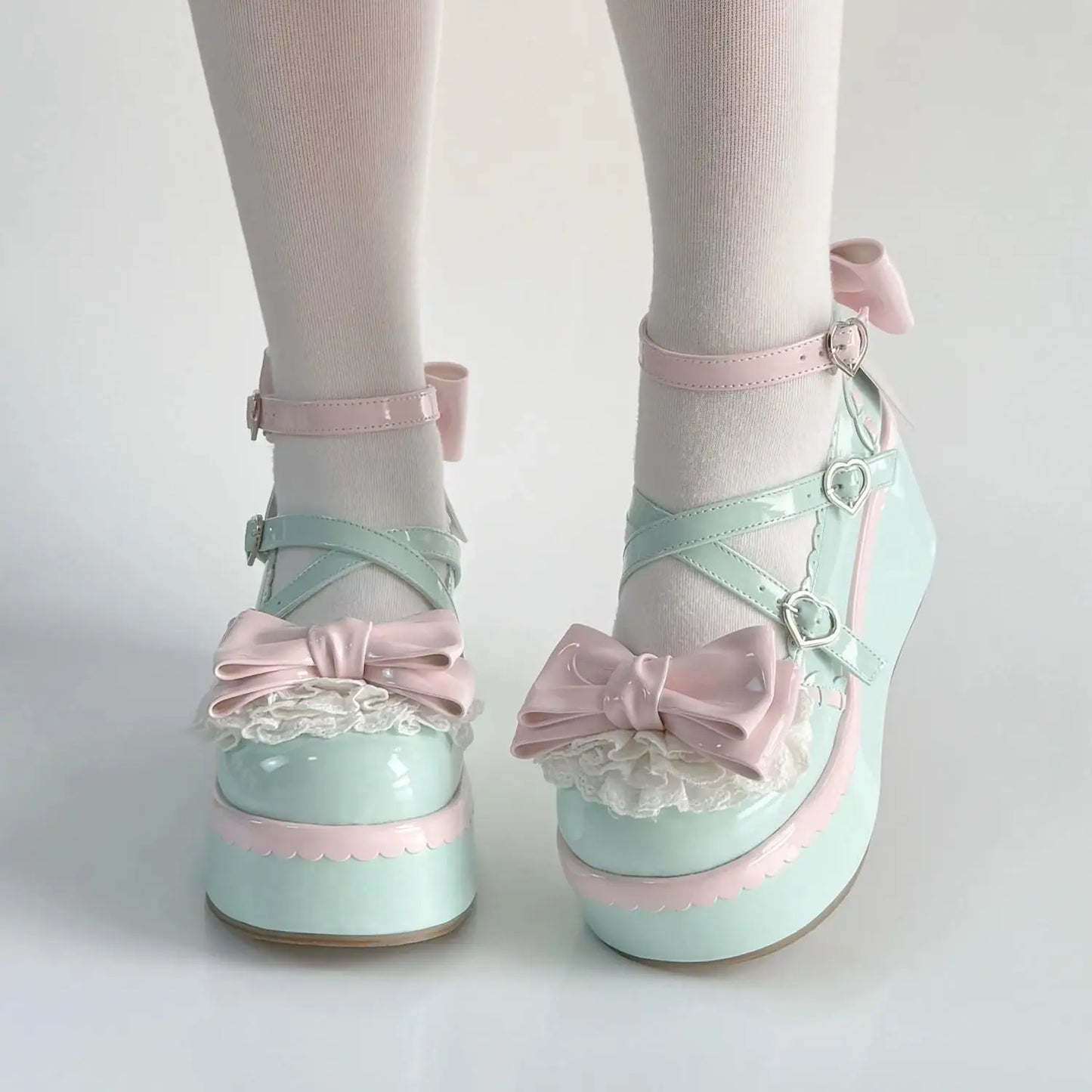 Bubblegum mint lolita platform heels with pastel bows and heart buckles for kawaii DDLG ABDL outfits