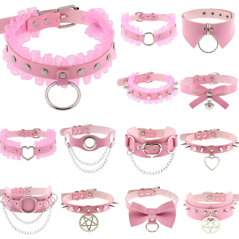 Bubblegum pink choker with heart charm, kawaii pastel accessory for DDLG fashion