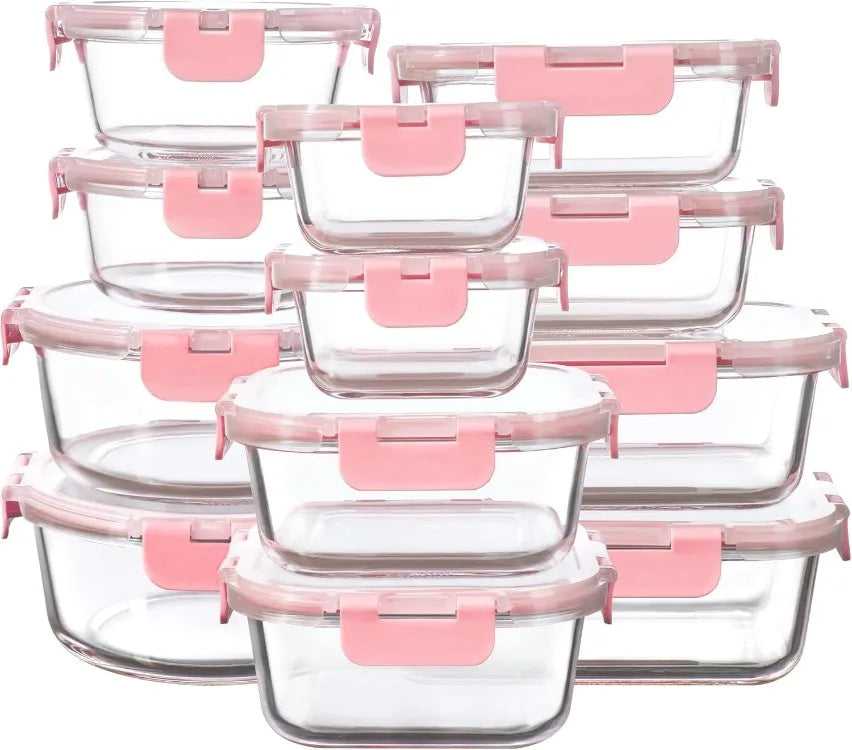Bubblegum pink glass container set with 12 borosilicate containers and airtight silicone lids for meal prep and storage