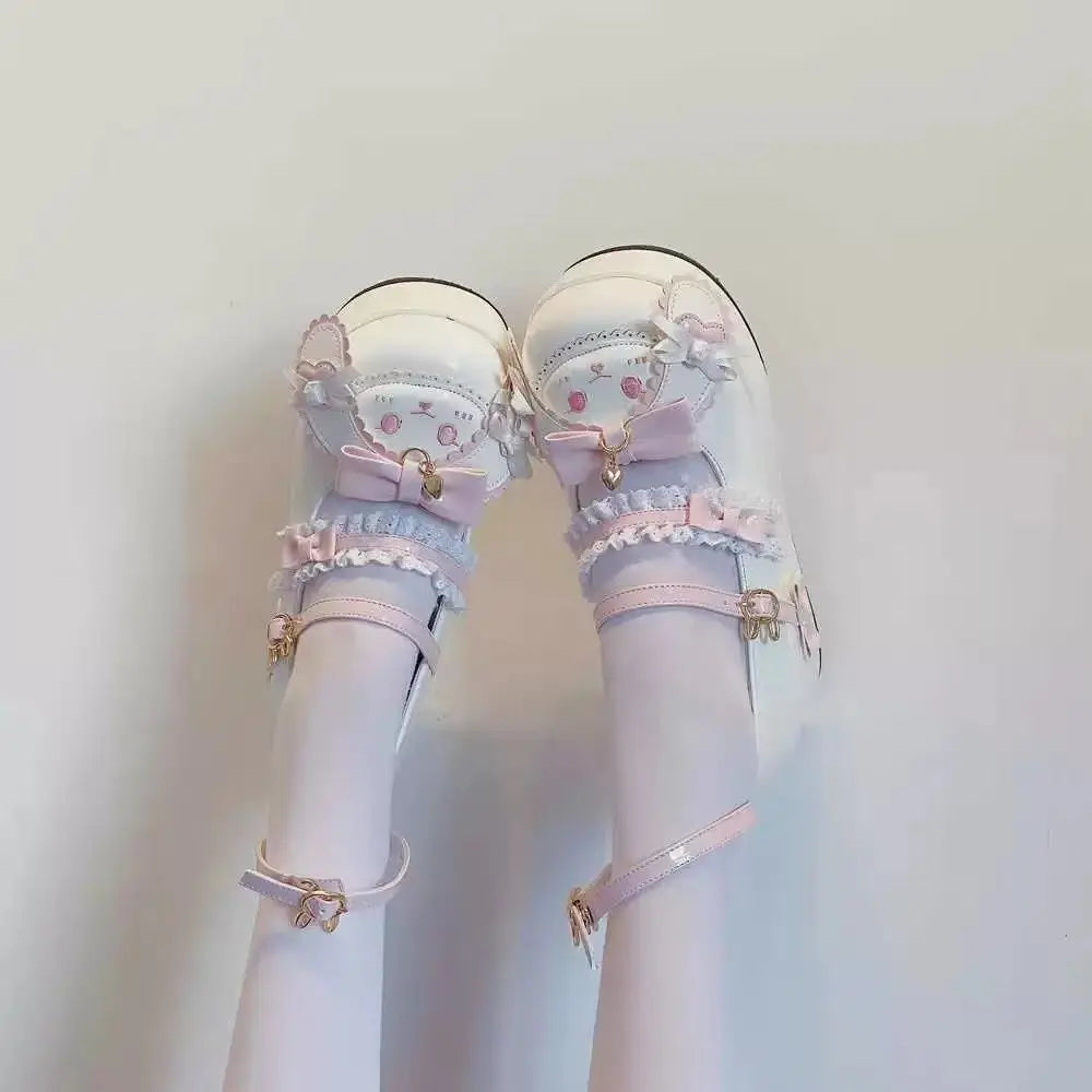 Bunny Blink Kawaii Platform Shoes with lace and bow accents, perfect for dollcore and kawaii fashion
