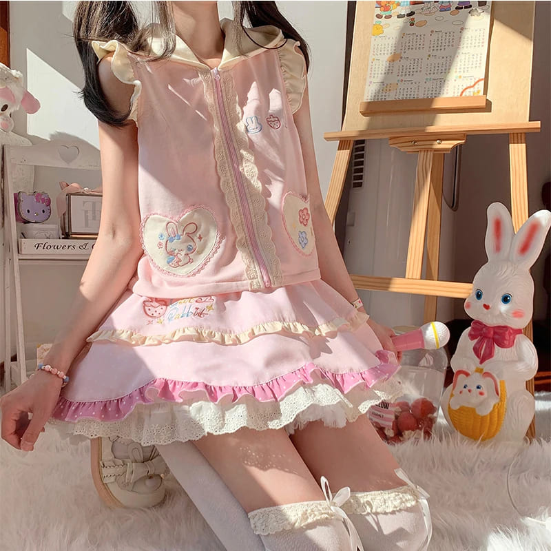Cute rabbit embroidery on pastel vest and skirt for cozy kawaii vibes
