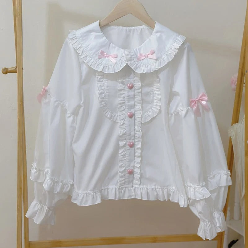 Classic white Bunny Lolita ears blouse with adorable hood, Peter Pan collar, and soft breathable fabric for kawaii layering