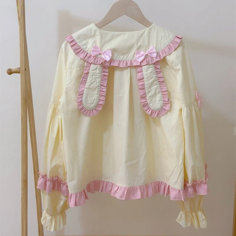 Pastel yellow Bunny Lolita ears blouse with delicate bows and Peter Pan collar, soft breathable fabric perfect for layering