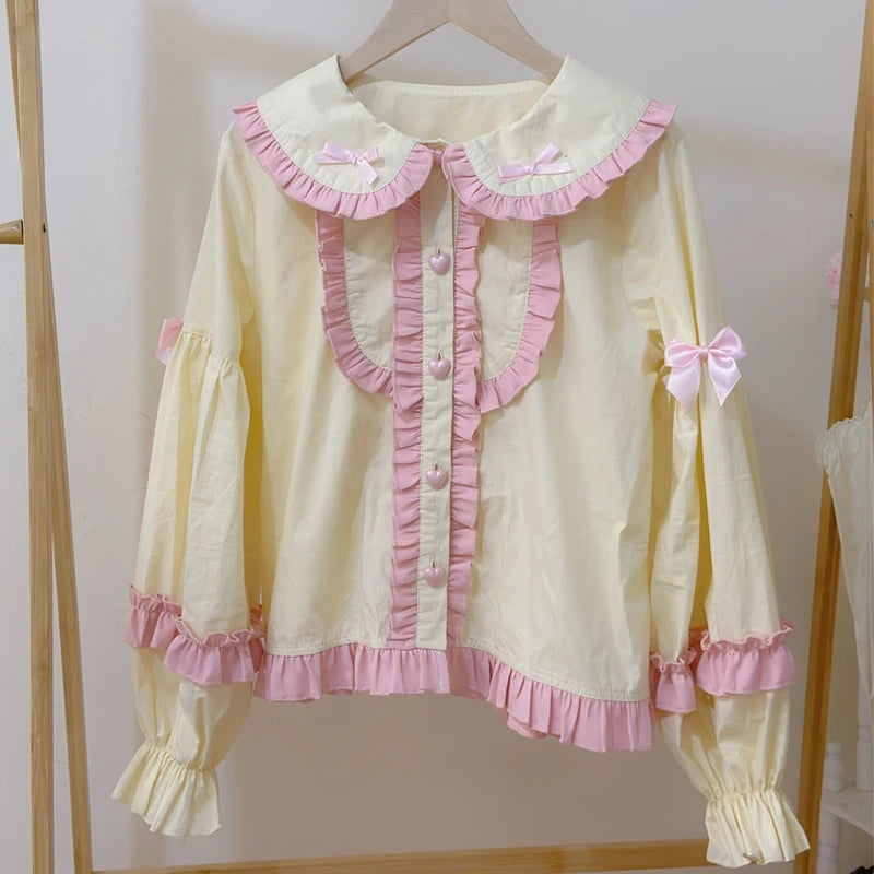 Bunny Lolita ears blouse in pastel yellow with playful hood and Peter Pan collar, soft breathable fabric for kawaii layering