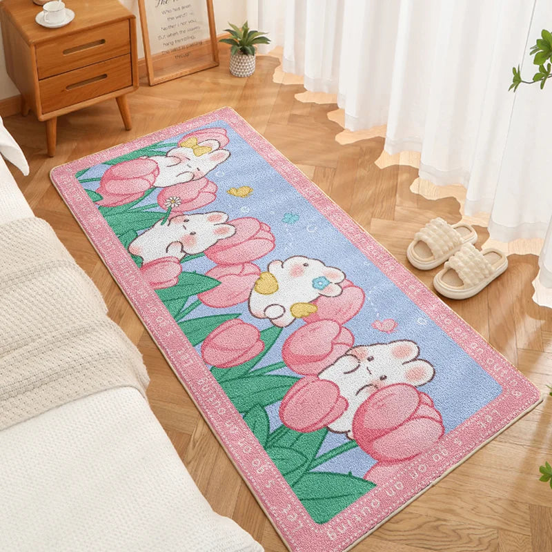 Pastel bunny rug with pink flowers, butterflies, and blue sky — dreamy kawaii vibe for DDLG and ABDL decor