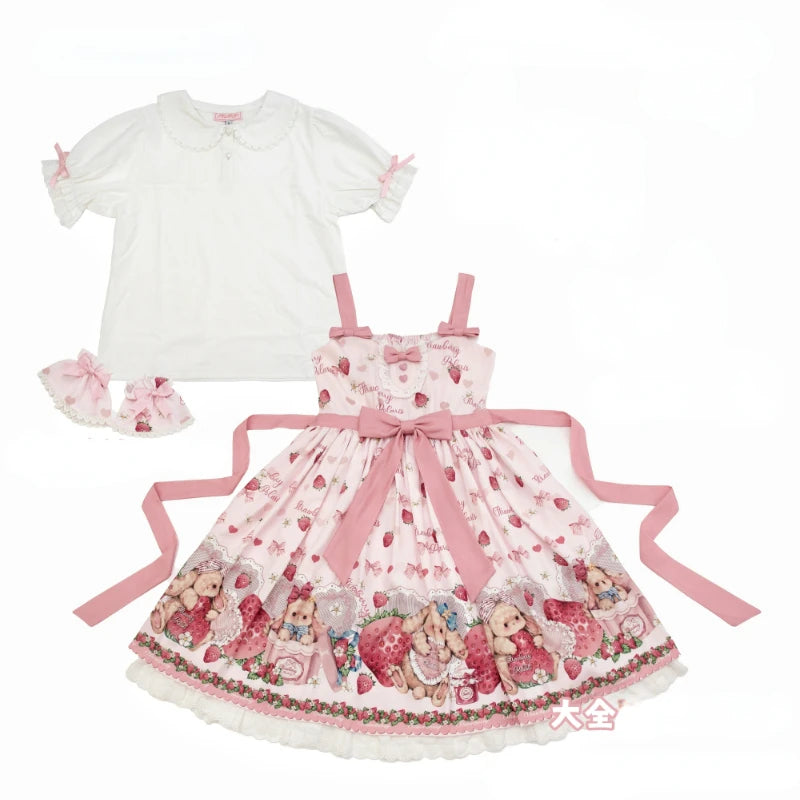 Bunnycore strawberry lolita pink dress paired with white top, showcasing sweet kawaii style and comfy fit