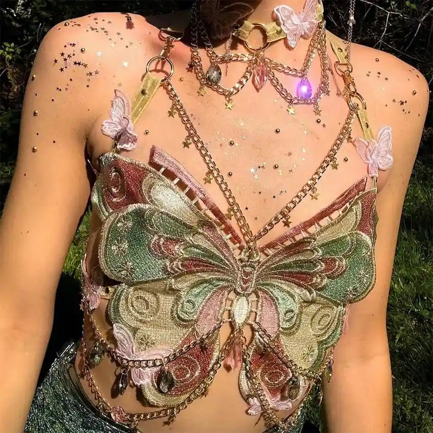 Butterfly Angel Baby Top in pastel colors with butterfly embroidery, choker, and delicate star chains for kawaii DDLG vibes