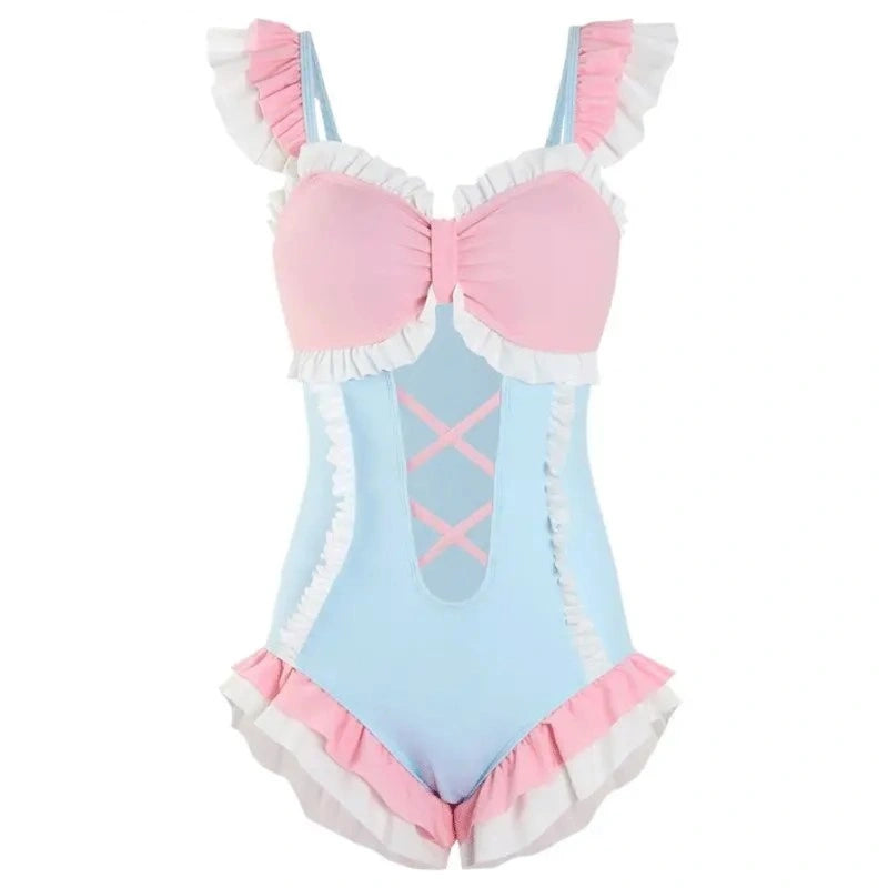 Candy-colored flirty ruffle onesie with hollow belly cut, soft kawaii cutecore DDLG ABDL style