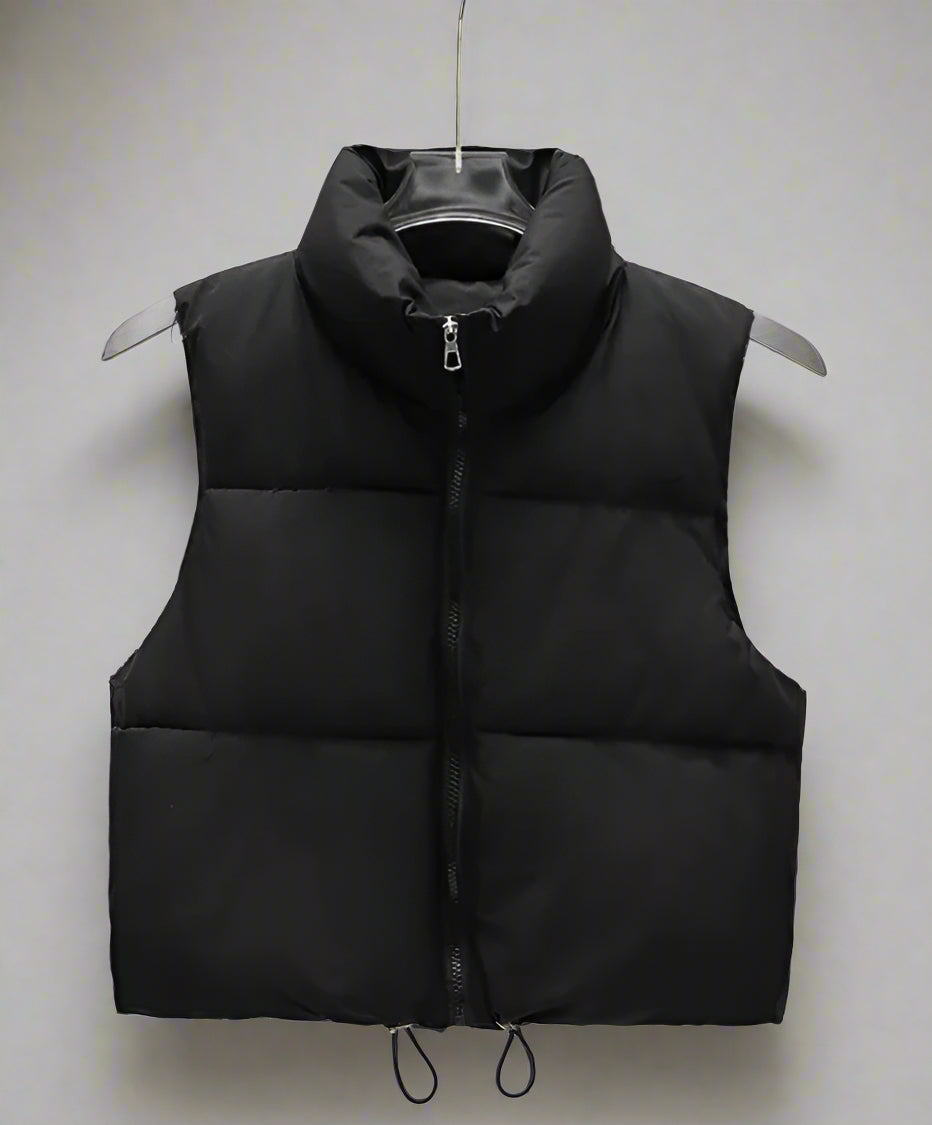 Candy Shop Cropped Puffer Vest, Black, edgy baddiecore outerwear, DDLG/kawaii inspired cropped puffer