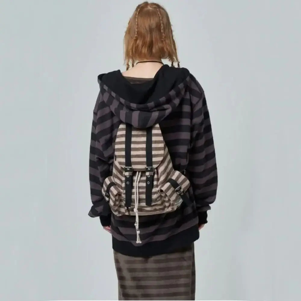 Candy Stripe Y2K Backpack in beige and brown, cute, retro-inspired, and perfect for kawaii outfits