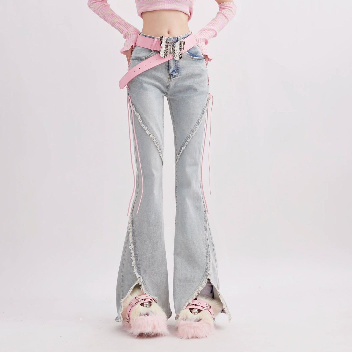 Candyfloss Dream Ribbon Denim with pastel pink ribbon lace-up, soft girl and ABDL kawaii Y2K style