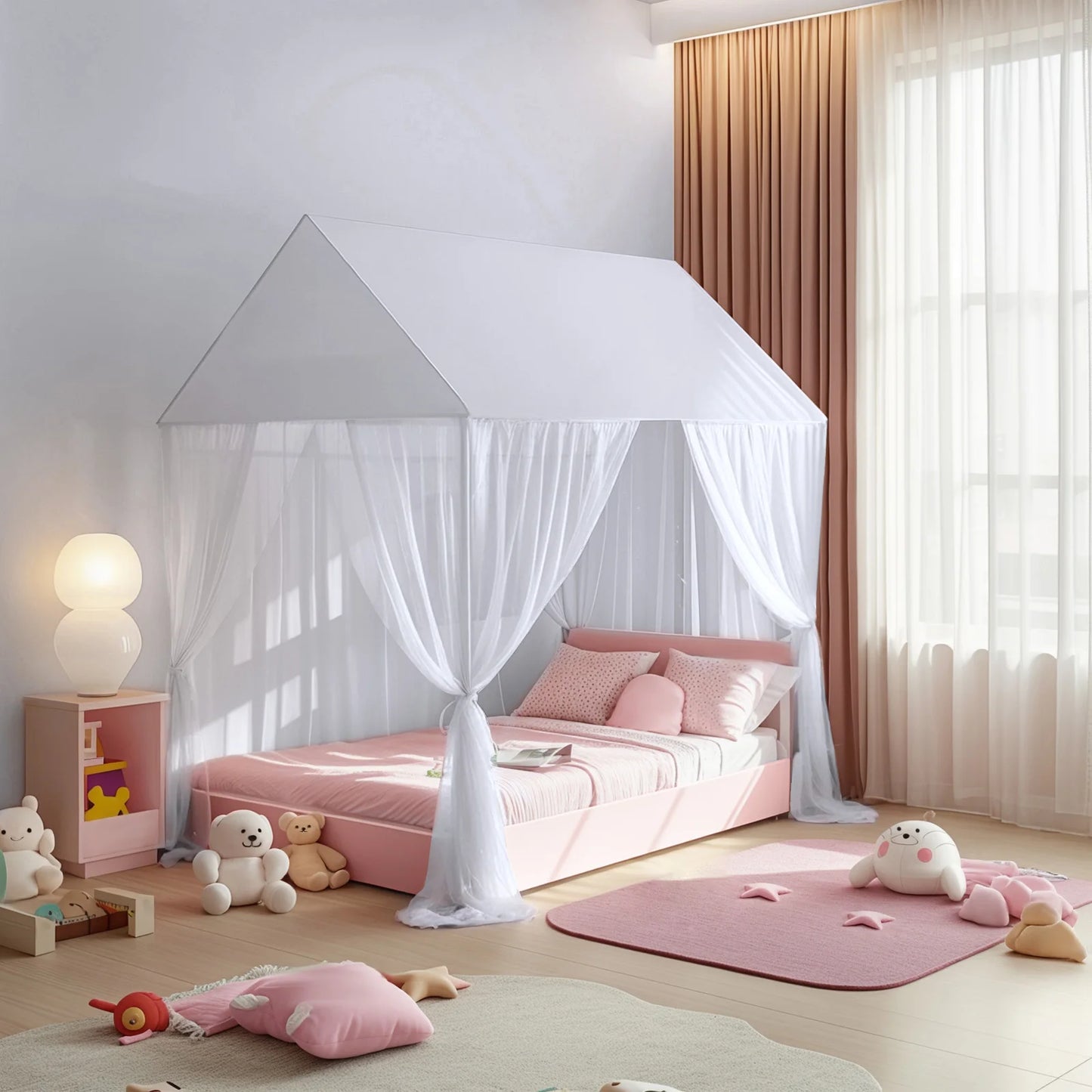 Princess-themed canopy bed curtains ideal for adding whimsy and magic to children’s room decor