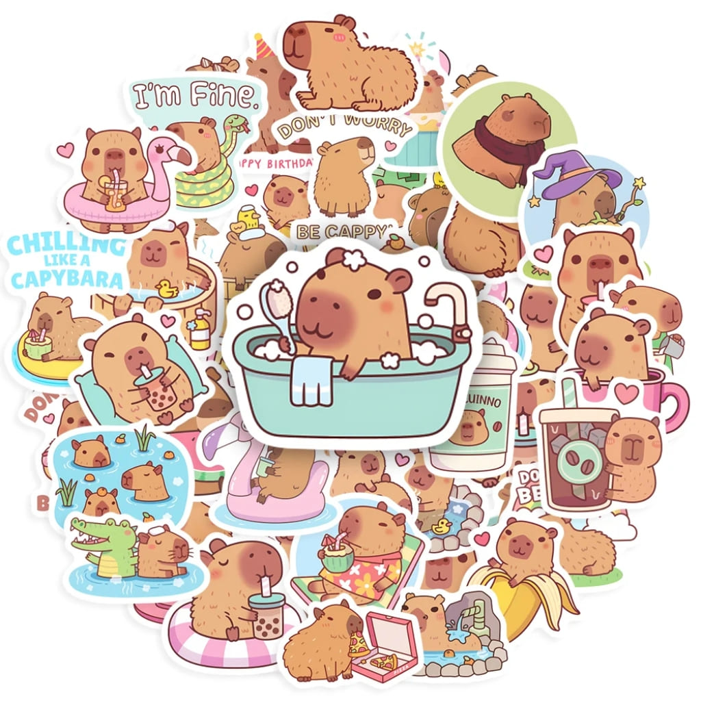 Capy Cutie pastel capybara sticker set made from waterproof vinyl PVC, ideal for kawaii lovers and littles.