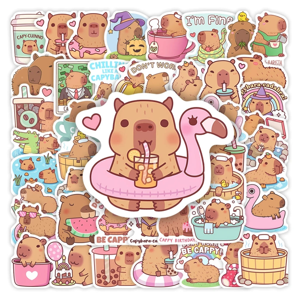 Capybara kawaii vinyl sticker pack with 50 pastel decals, perfect for decorating laptops, bottles, and journals.