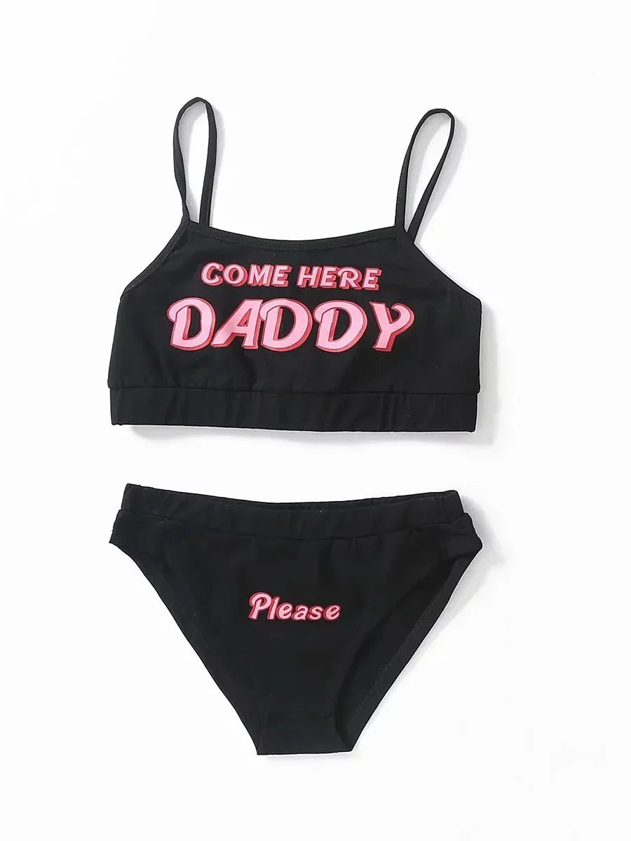 Black Catch Me Daddy flirty set cropped cami with bold “Come Here Daddy” print