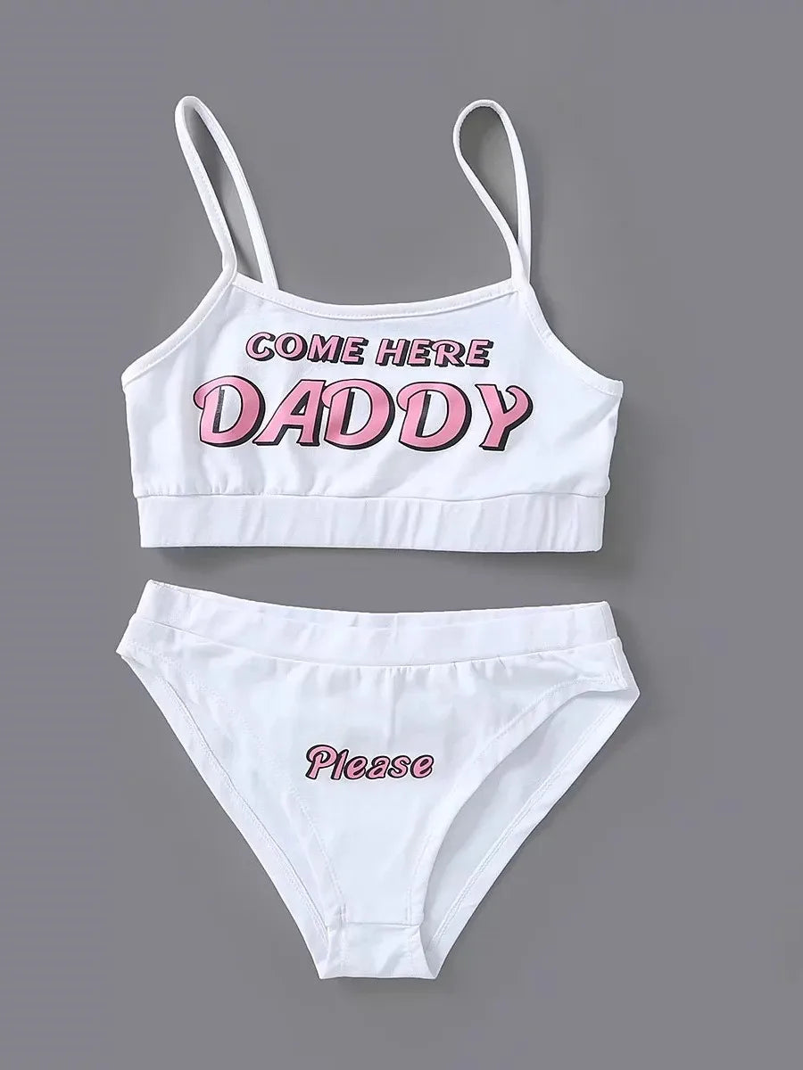 Front view of Catch Me Daddy white flirty two-piece lingerie set with bold prints